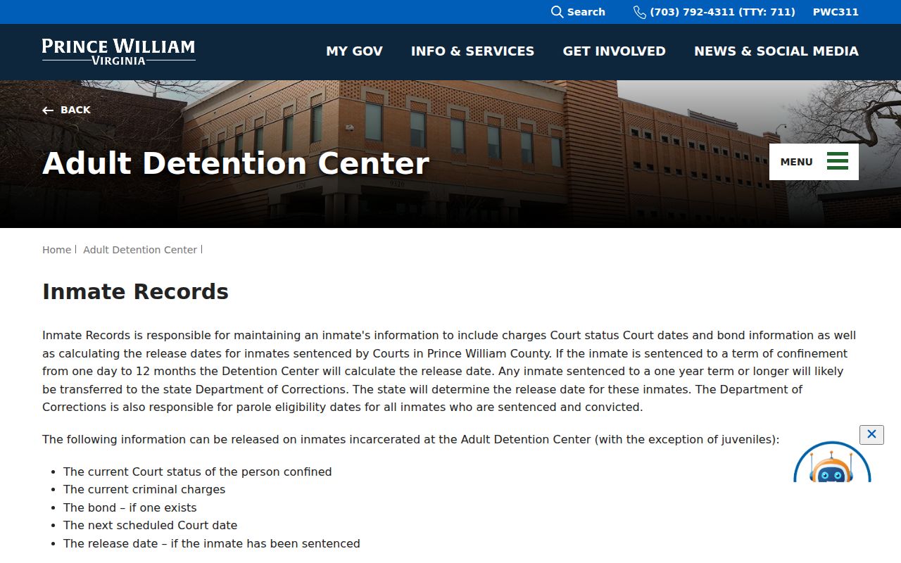 Prince William County arrest custody phone information