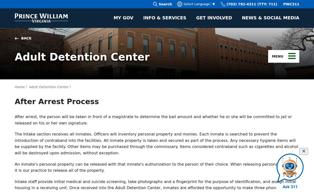 Prince William County after-arrest booking process
