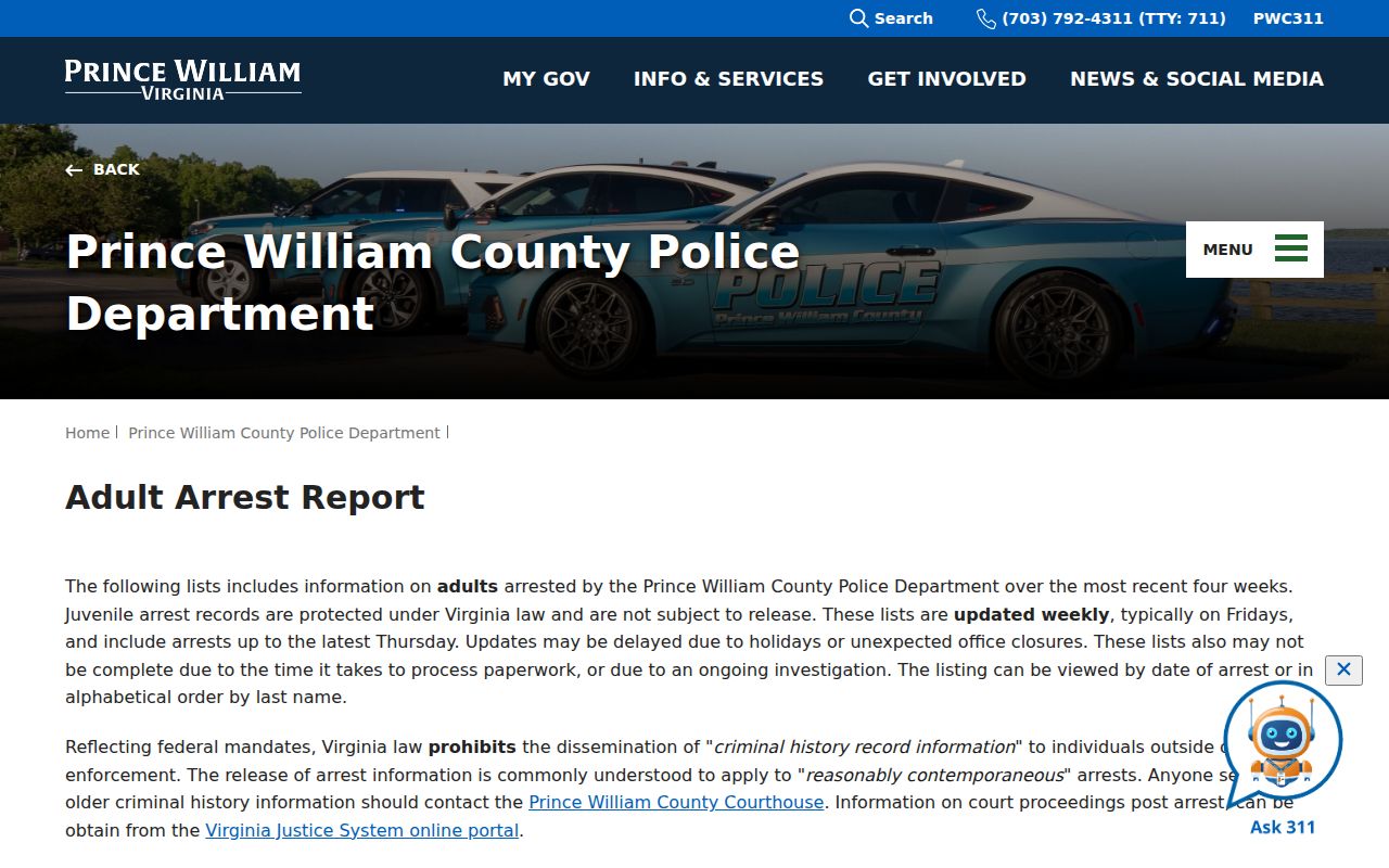 Prince William County Police adult arrest report page