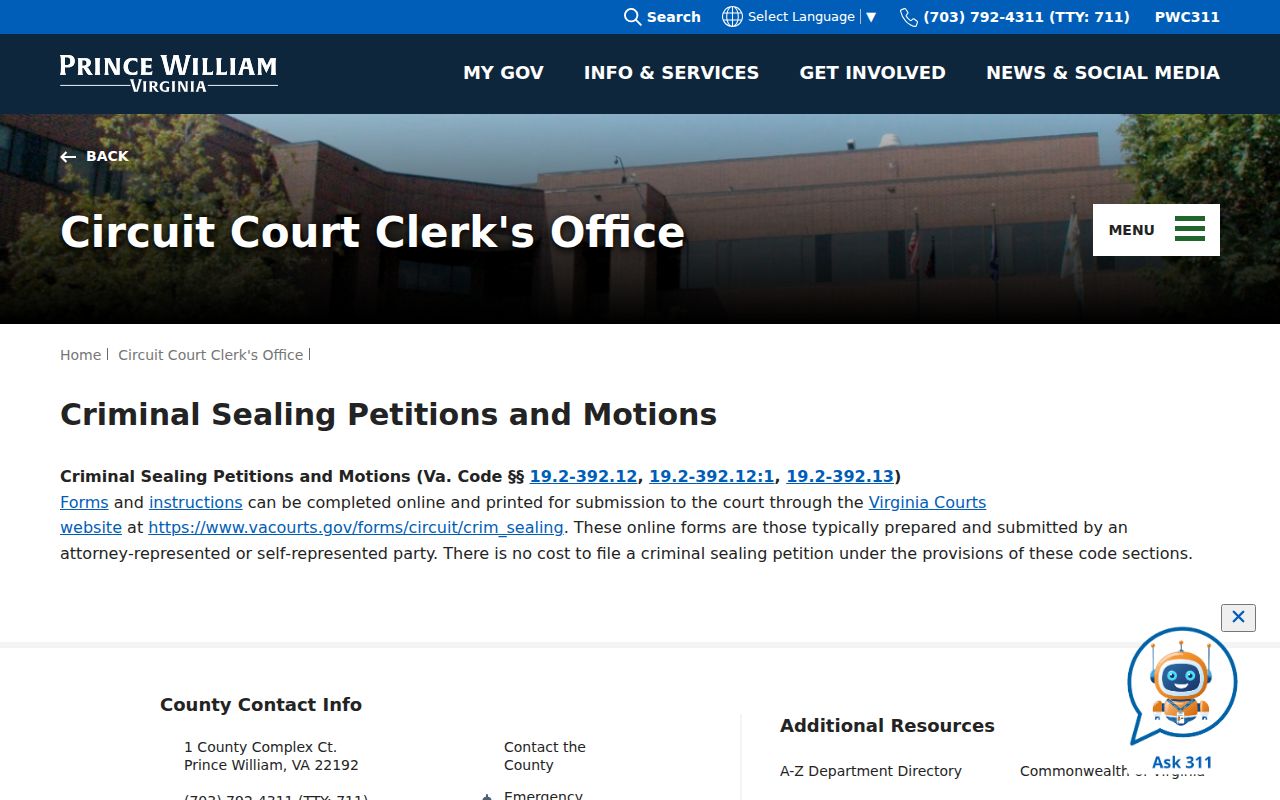 Prince William County criminal court sealing petition guidance