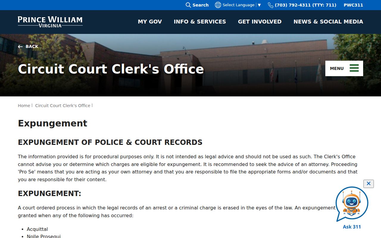 Prince William County criminal court expungement instructions