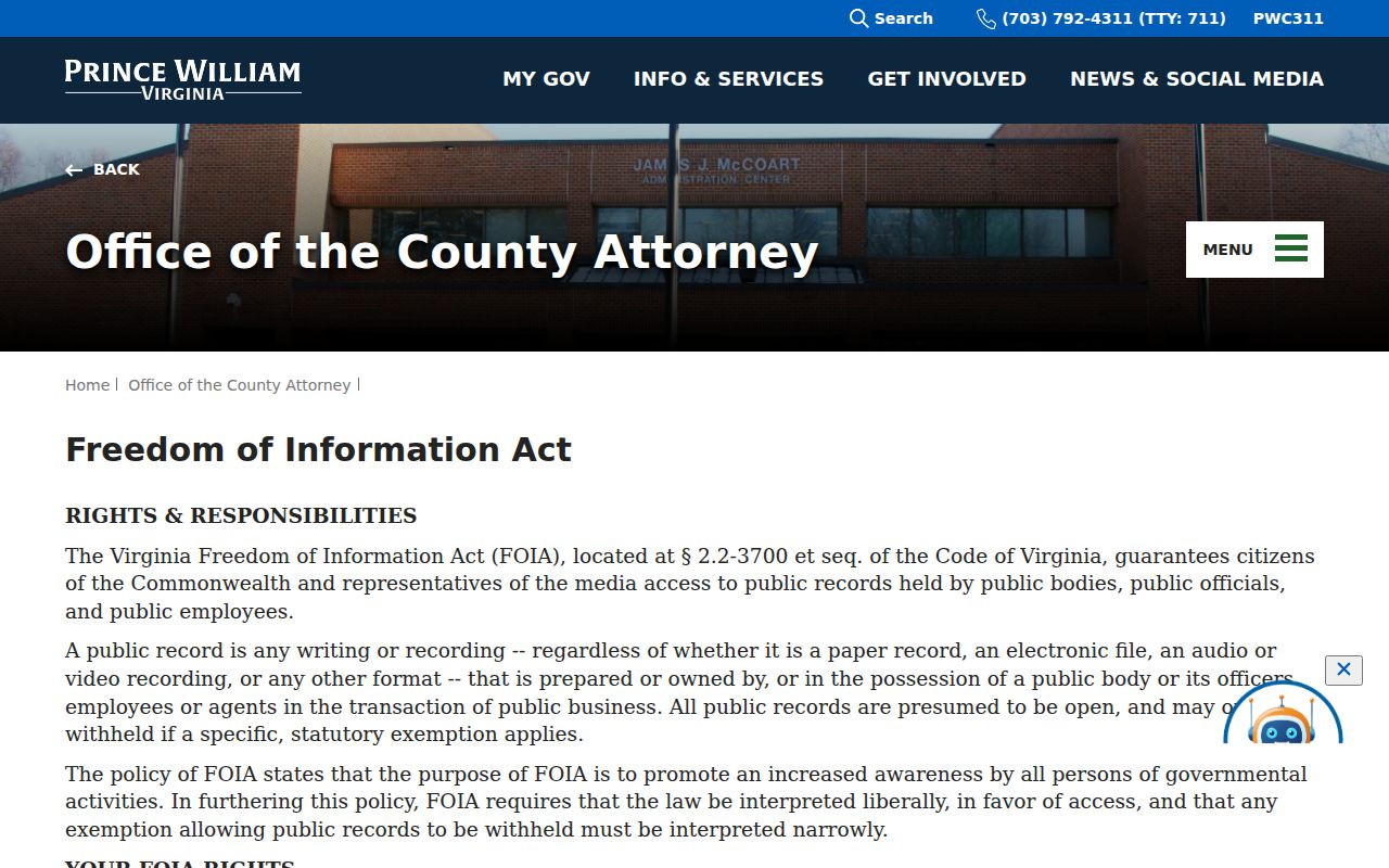 Dumfries criminal records and Prince William County VFOIA guidance