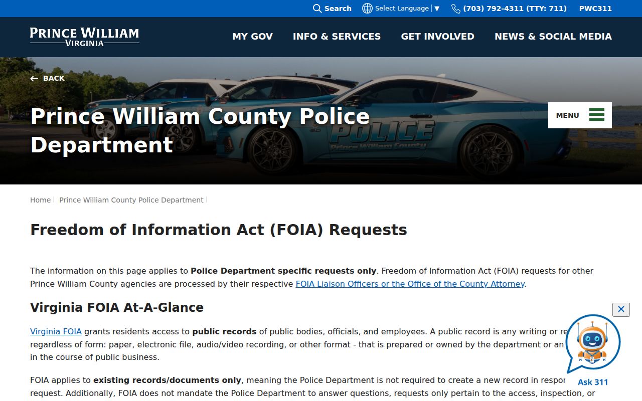 Prince William County Police FOIA criminal record request fees