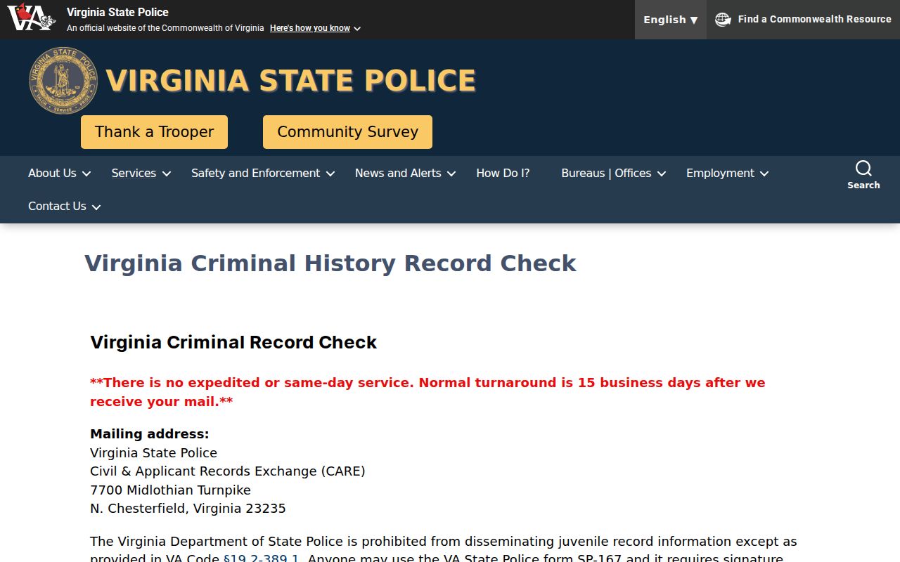 Virginia State Police background check instructions for Prince William County criminal history