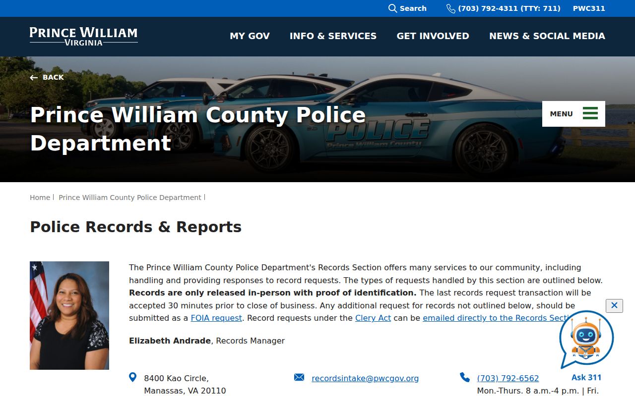 Prince William County Police Records criminal history check instructions