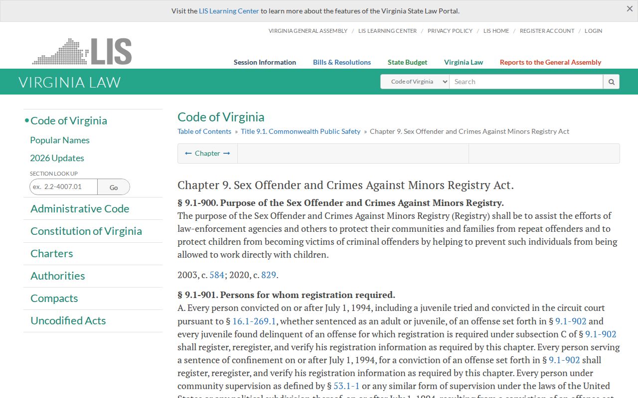 Virginia registry law for Prince William County sex offender records